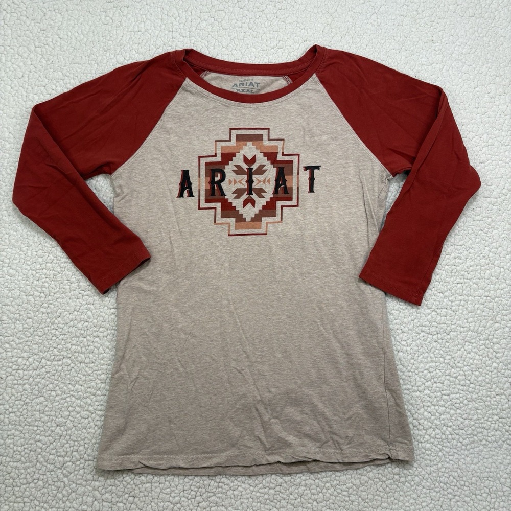 Ariat REAL Shirt Womens S Beige Red Raglan Long Sleeve Western Aztec Graphic Tee